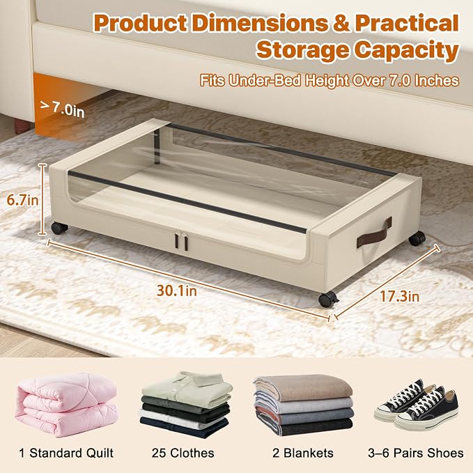 Under Bed Storage with Wheels, XXL 60L Under Bed Storage Containers with Clear - Image 2