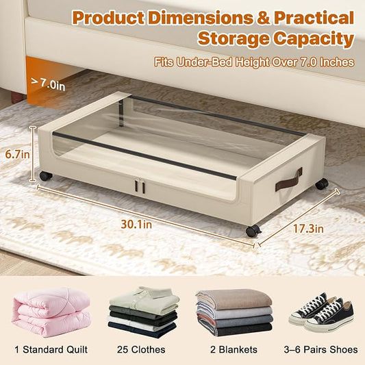 Under Bed Storage with Wheels, XXL 60L Under Bed Storage Containers with Clear - Image 2