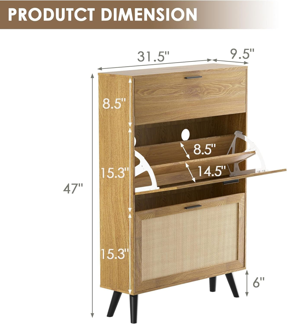 MU Natural Rattan Shoe Cabinet, Entryway Shoe Cabinet with 2 Flip Drawers and...