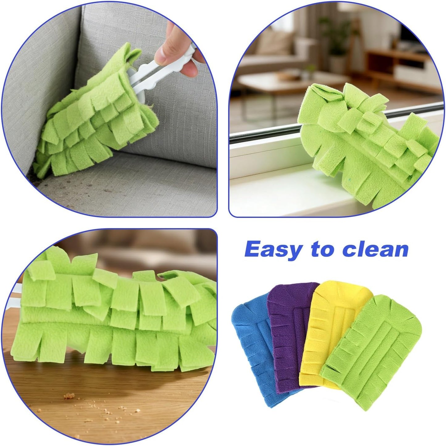 4pcs Reusable Duster Refills, 4 Color 360° Washable Heavy Duty Fleece Dusting Pads Cleaning Pads Replacement Accessories for Ceiling Fan Window Blinds Kitchen Car Interior (Handle Not Included)