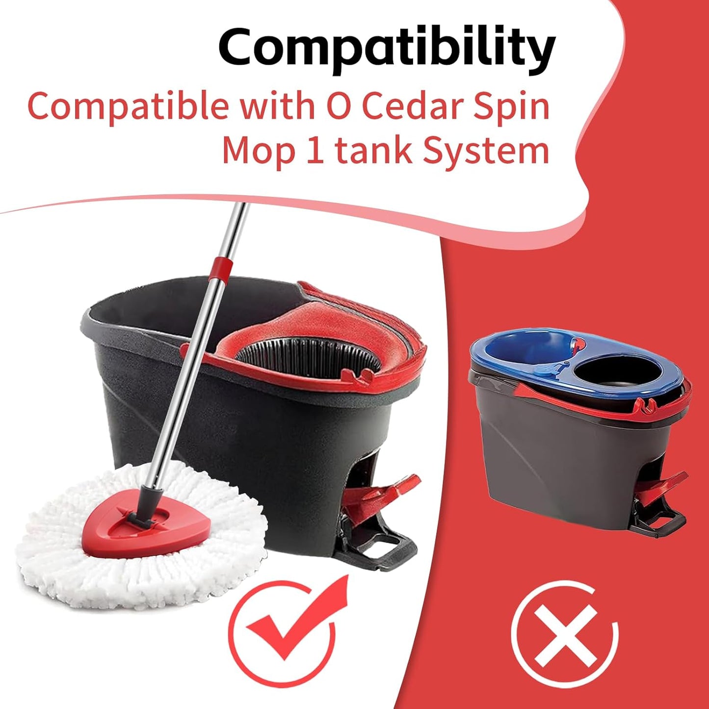 ANREKEYH Spin Mop Head, Base, Handle Replacement for O-Ceda EasyWring Microfiber Spin Mops, 2 Microfiber Mop Refills, 1 Triangle Head Cover and 30-58in Handle Set Combo (White(1 Tank System))