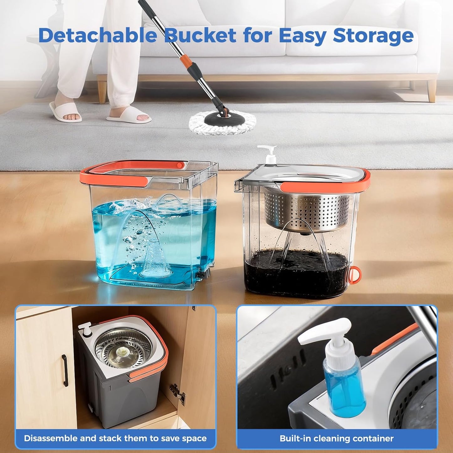 YASHE Foldable Spin Mop and Bucket System, Dual-Bucket Cleaning & Stainless Steel Wringing, Collapsible Storage with Detergent Bottle, 2 Reusable Microfiber Mop Heads for Floor Cleaning