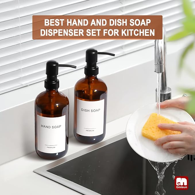 GMISUN Amber Glass Soap Dispenser, 2 Pack Bathroom Hand Soap Dispensers - Image 7