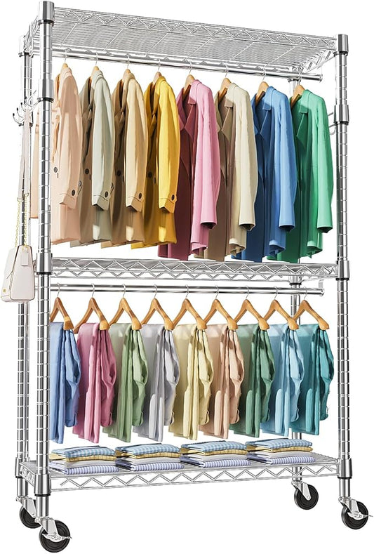 Heavy Duty Rolling Garment Rack 3 Tiers Adjustable Wire Shelving Clothes Rack by MEIGAOPLASTICANDMETALHKCOLIMITED