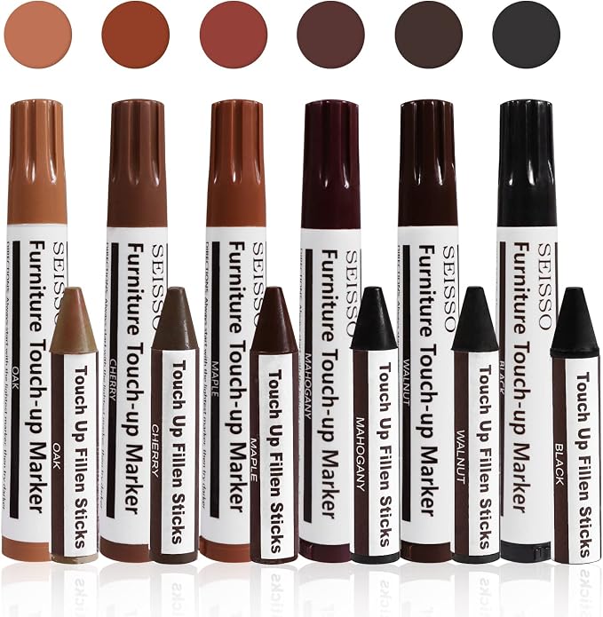 Furniture Repair kit, Wood Scratch Cover Markers*6 and Wax Filler Sticks*6 by SEISSO