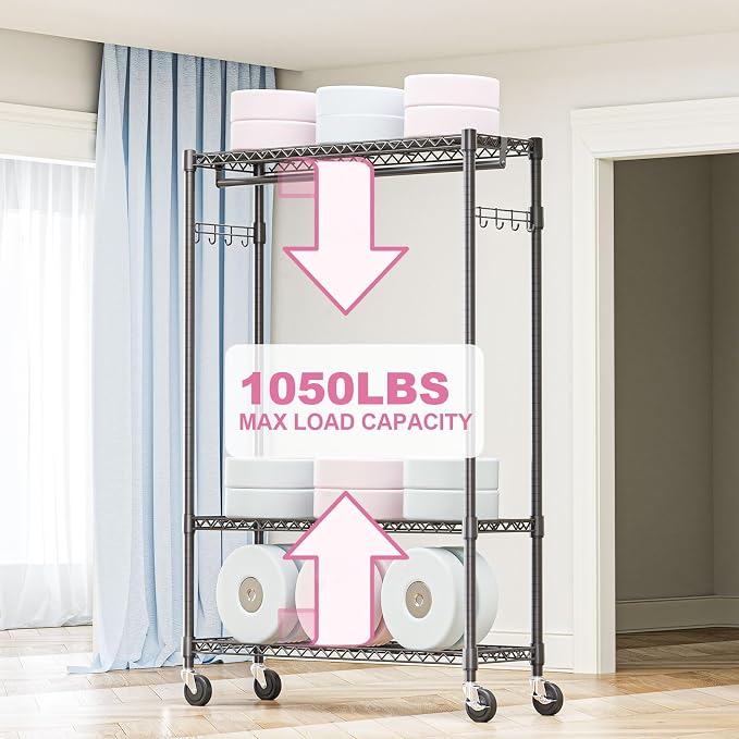 Heavy Duty Rolling Garment Rack 3 Tiers Adjustable Wire Shelving Clothes Rack - Image 5