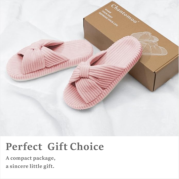 Chantomoo Slippers for Women Memory Foam House Bedroom Corduroy Bow Crossbands - Image 4