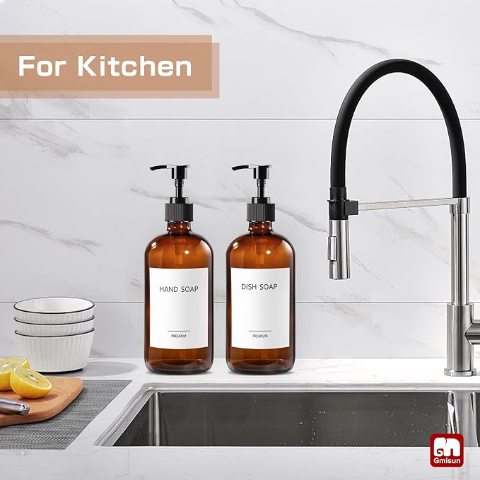GMISUN Amber Glass Soap Dispenser, 2 Pack Bathroom Hand Soap Dispensers - Image 6