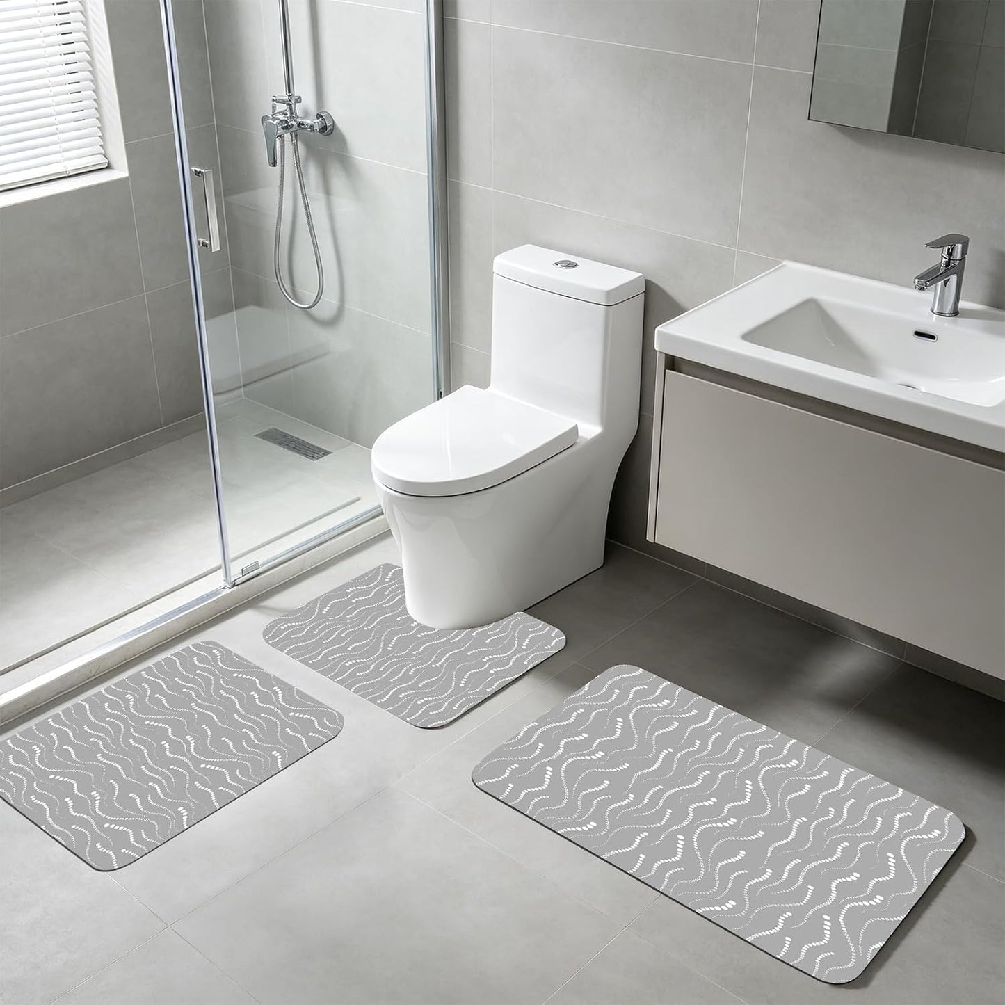 Bath Mat Set of 3, Grey and White Modern Soft & Super Absorbent Quick Dry Shower Mat,Non-Slip Rubber Backed Bottom, Thin Washable Bathroom Rug for Toilet, Tub, Sink, Restroom Decor