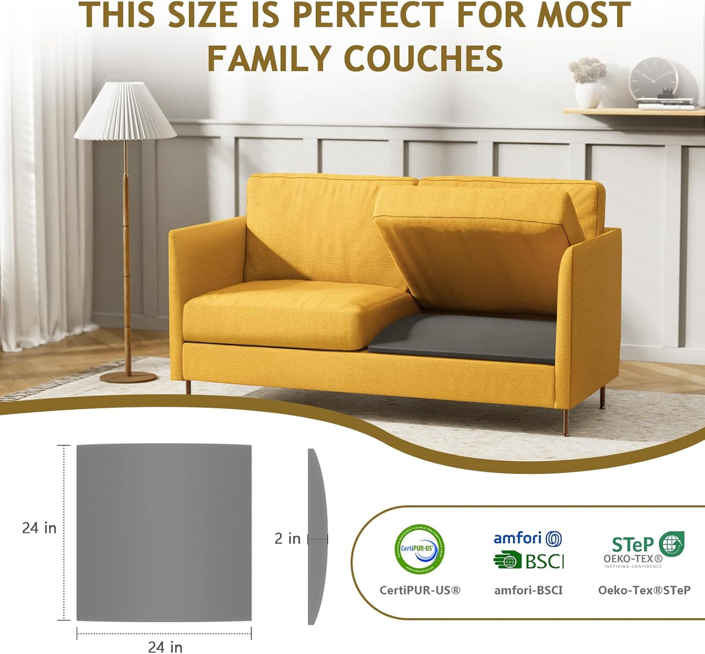 MYLIFESION Couch Cushion Support for Sagging Seat, 24x24x2 inches High-Density Foam Sofa Cushions Support, Under Cushion Sag Repair, Grey Set of 1