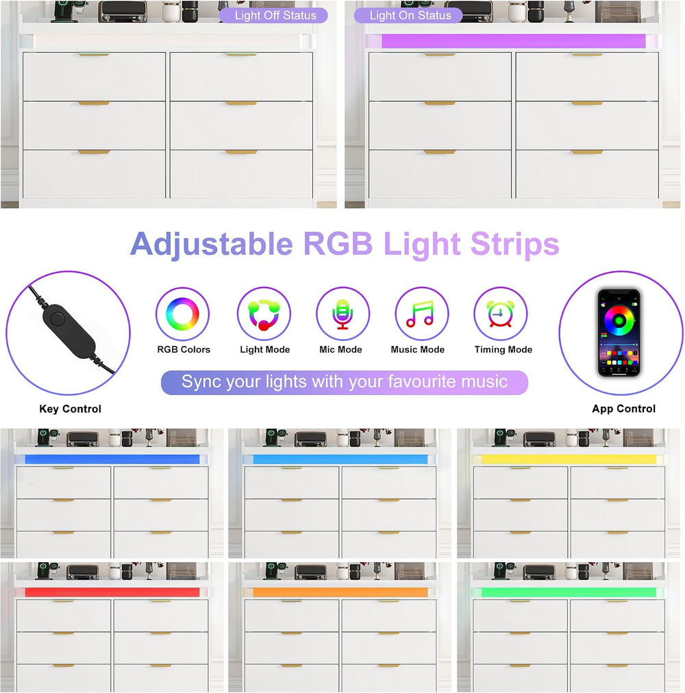 UNIQUITE 6 Drawer Dresser for Bedroom, White Dresser with LED Lights and Powe...