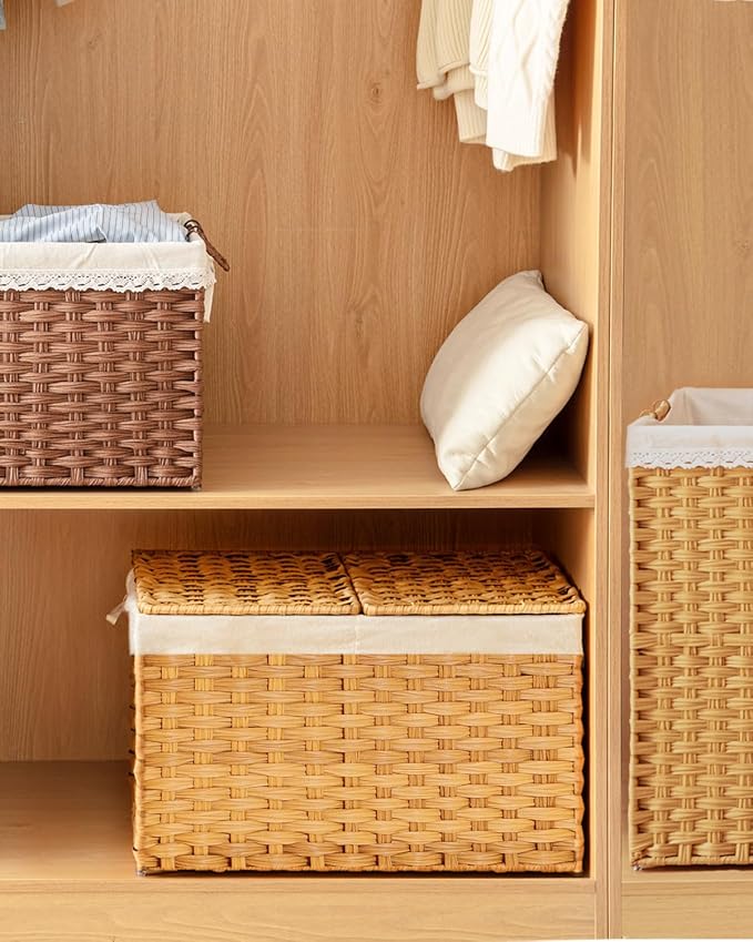 Storage Basket with Lid Rattan Storage Basket with 2 Separate Lid, 27.8 Gallon - Image 7
