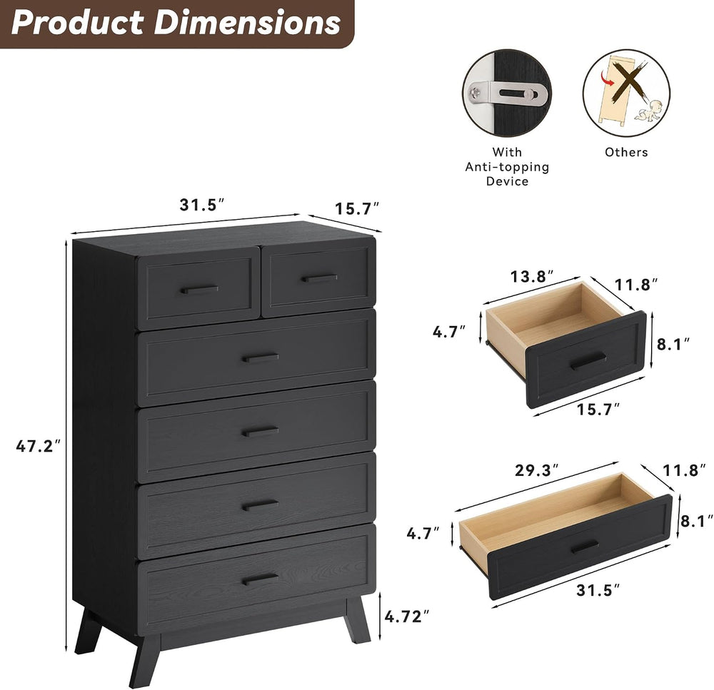 YANSNWO Black 6 Drawer Dresser for Bedroom, 47" Tall Chest of Drawers