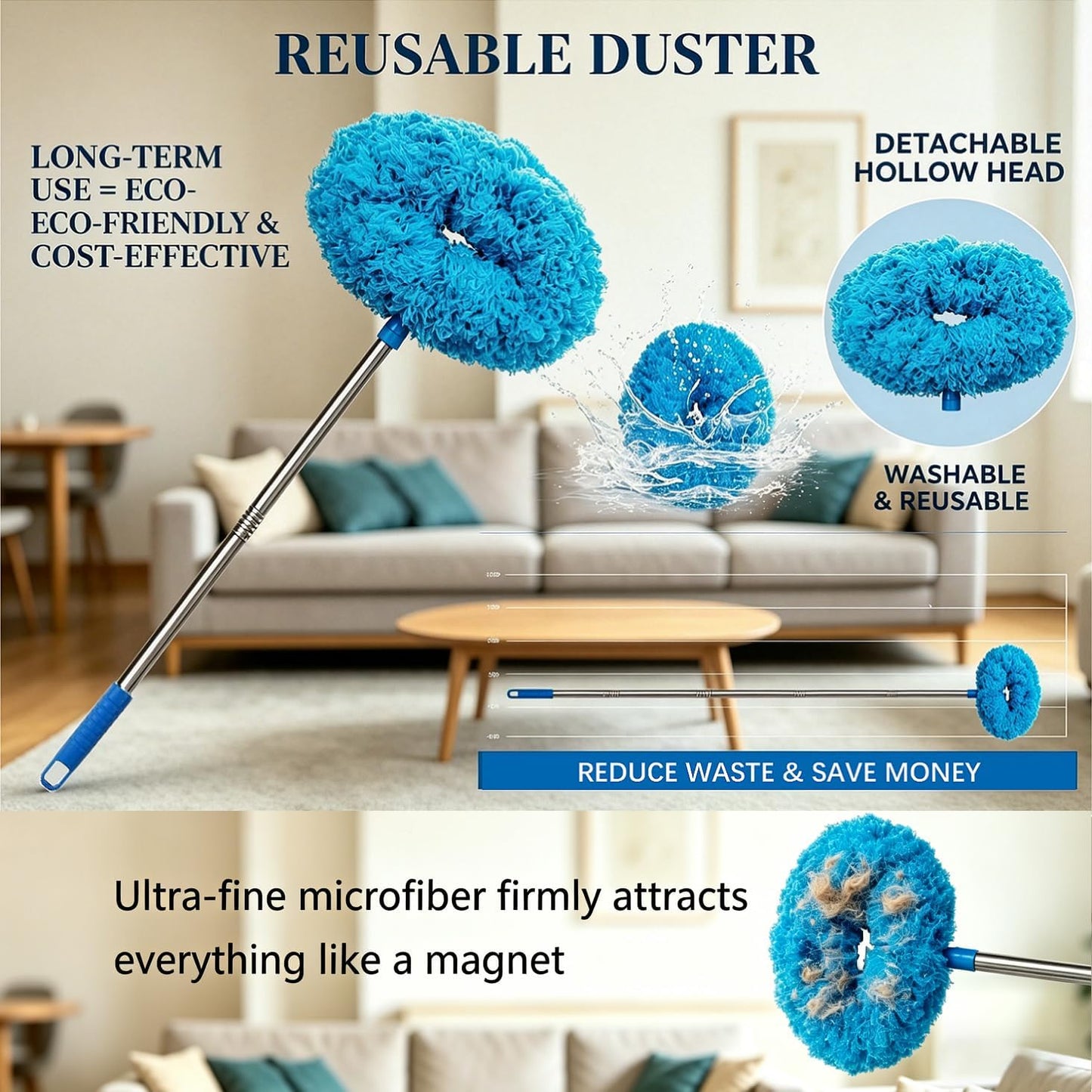 64.15" Adjustable Ceiling Fan Duster,Washable Reusable Microfiber,Ladderless