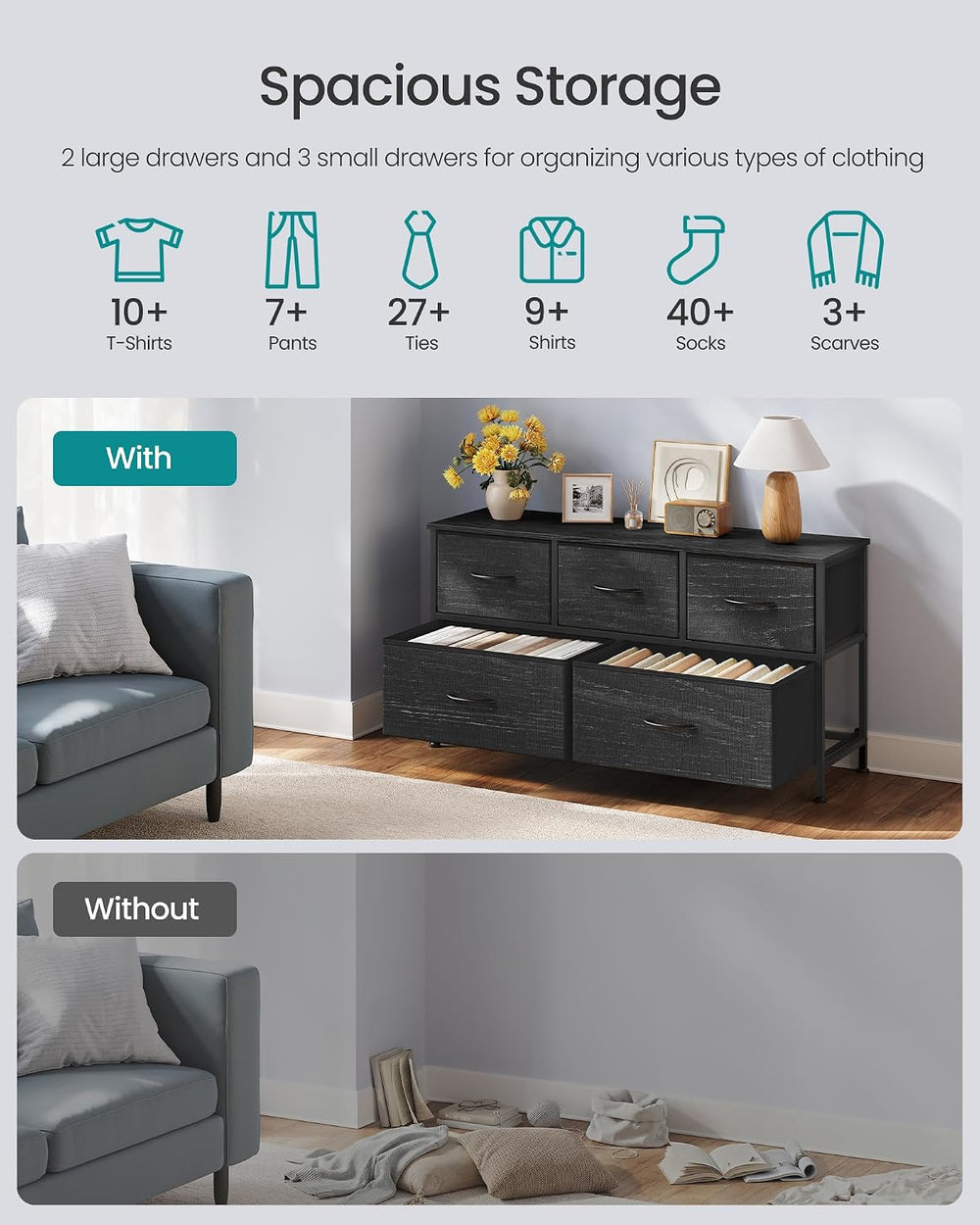 SONGMICS Dresser for Bedroom, Wide Dresser with 5 Fabric Drawers