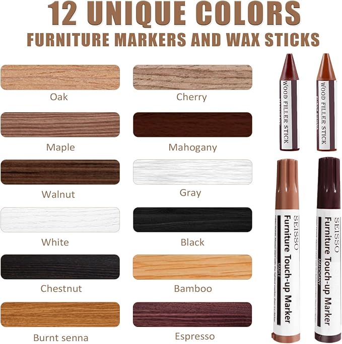 SEISSO Furniture Repair Kit, 12 Colors Furniture Touch-up Markers and Wood - Image 2