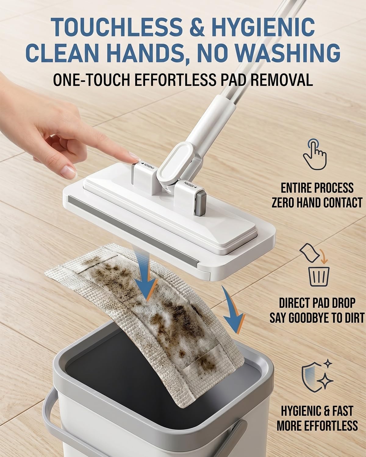 Hands Free Multi Purpose Flat Mop One Click Mini Snap Grip Easy Tap Disposable Multifunctional Lazy Clamp Dust Wall Bathroom Mop System Using Any Cloth Attachment Changing for Floor(53.1in Set)