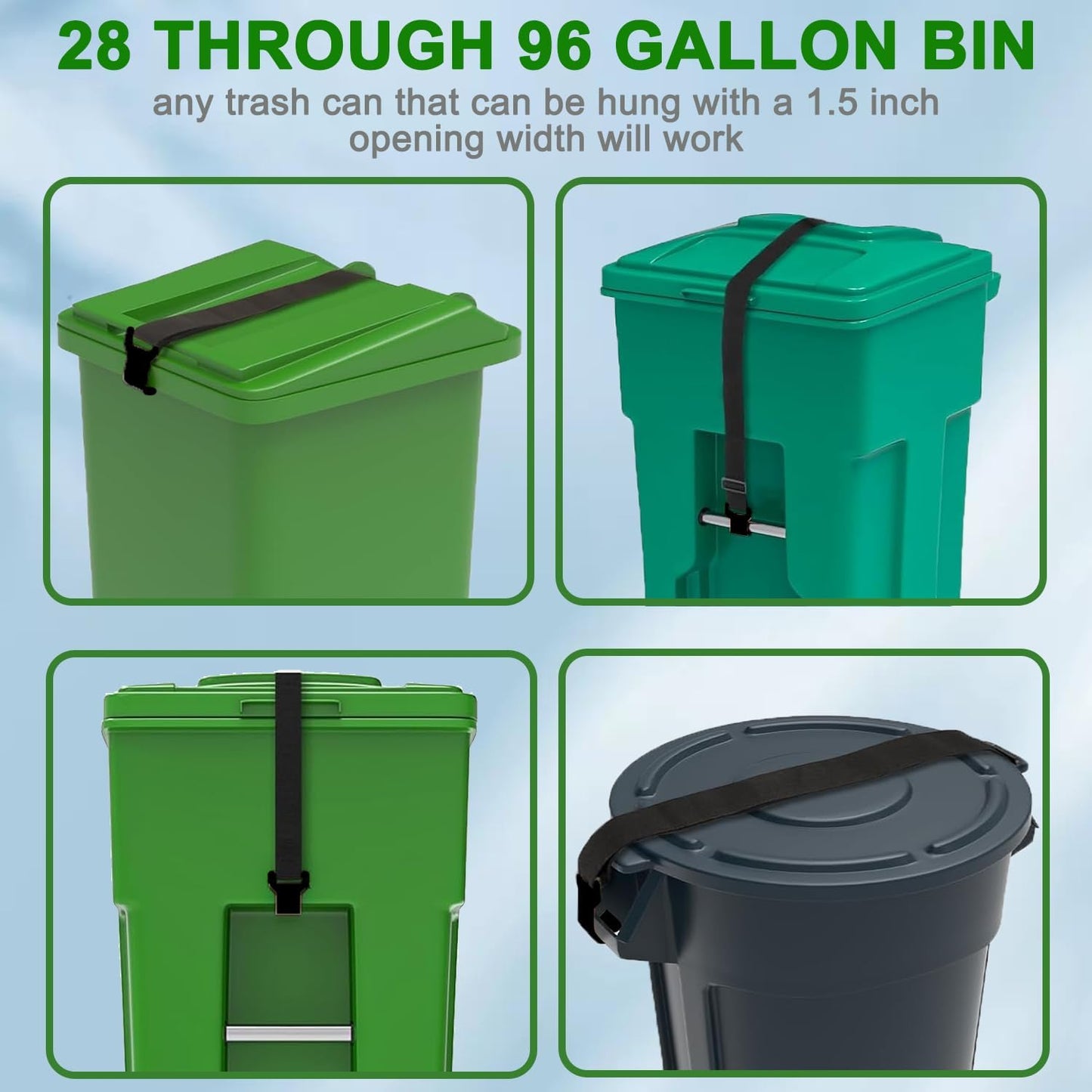 1PC Metal & Rubber Double-Claw Trash Can Bin Lid Lock Straps for Animals, Outdoor Raccoon Garbage Can Bin Lid Locks Bungee Cord for 28-96 Gallons, Black Hooks - Patented Pending