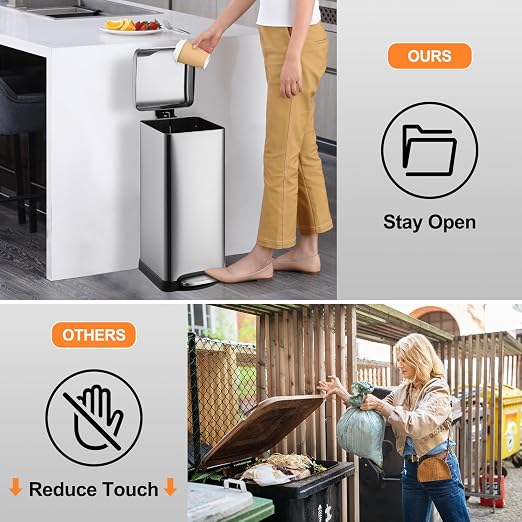 8 Gal/30L Slim Trash Can, Rectangular Step-On Stainless Steel Garbage Can - Image 5