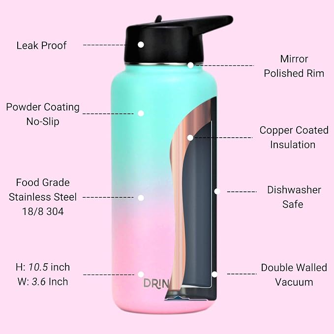 DRINCO Stainless Steel Water Bottle Spout Lid Vacuum Insulated Double Wall - Image 5