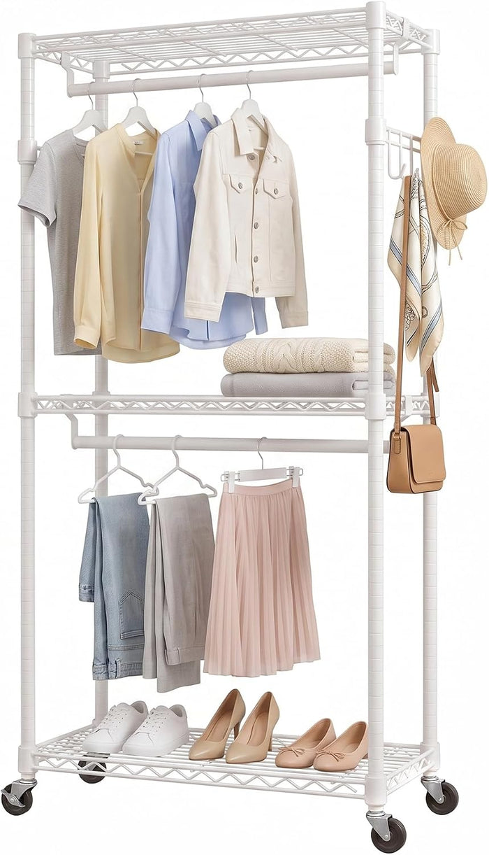 Alpen Double Hanging Rrods Clothes Rack wih Wheels, Easy to Assemble, White