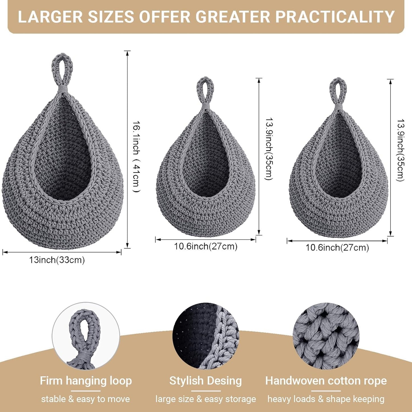 Halidali Hanging Fruit Baskets for Kitchen, 3 Pack Wall Storage Organizer | Boho Cotton Rope Handwoven Vegetable Basket for Farmhouse Decor, Storage Onion, Potato, Garlic