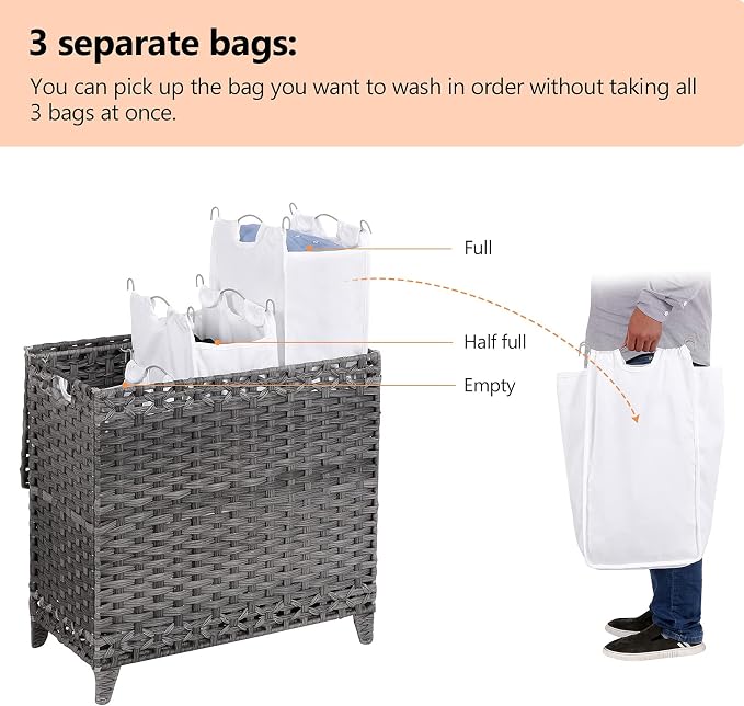 Laundry Hamper with 3 Removable Liner Bags; 132L Handwoven Rattan Laundry - Image 3