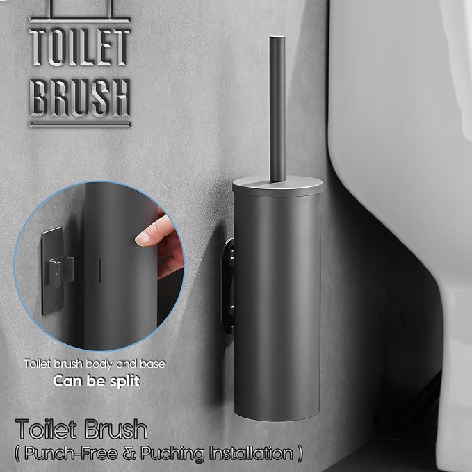 Stainless Steel Toilet Brush and Holder Set, No-Punch Hook Base Dual Purpose - Image 2