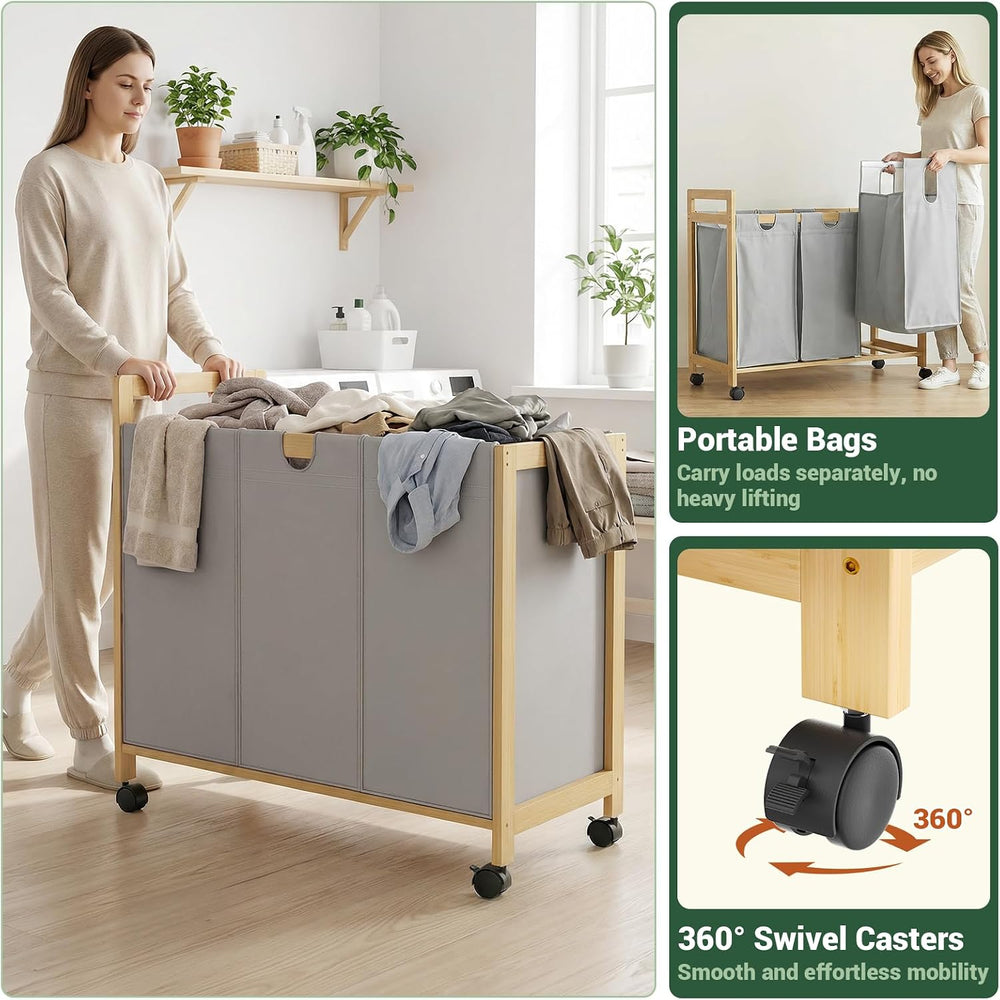 Homykic 250L Laundry Sorter with Wheels, 3-Section Laundry Hamper, Grey