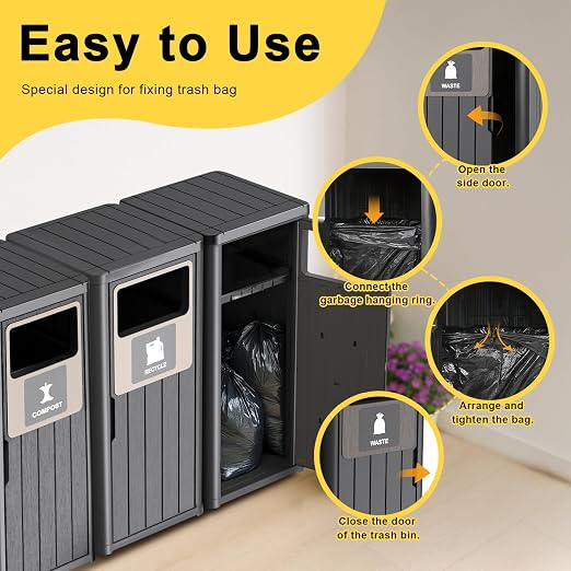 Outdoor Three Barrel Trash Can, Waterproof Resin Garbage Can - Image 7