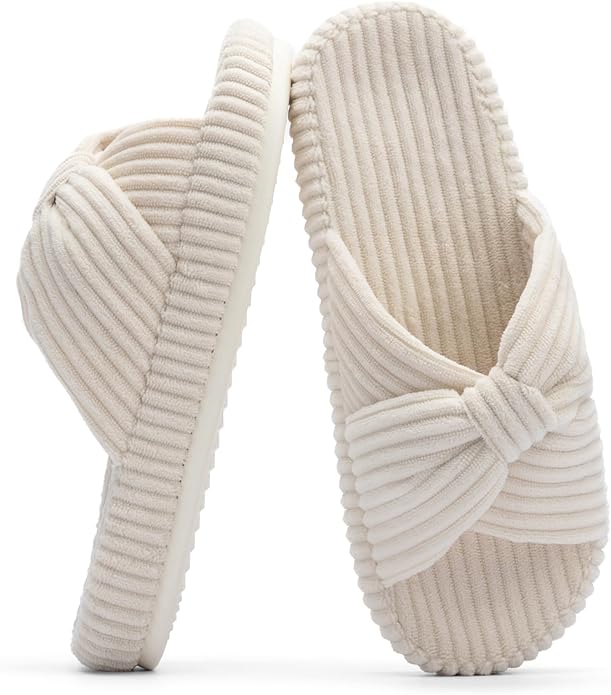 Chantomoo Slippers for Women Memory Foam House Bedroom Corduroy Bow Crossbands by Chantomoo