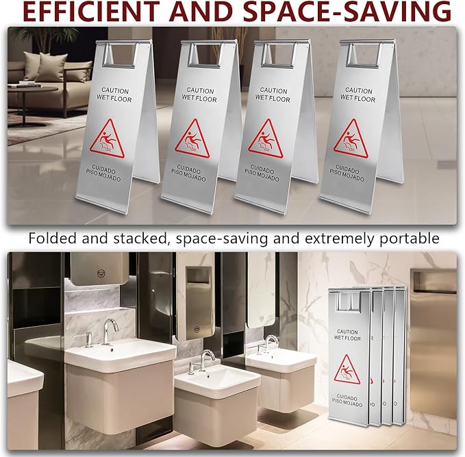 4 Pcs Stainless Steel Wet Floor Caution Sign, 24 Inch Portable Handle Bilingual - Image 6