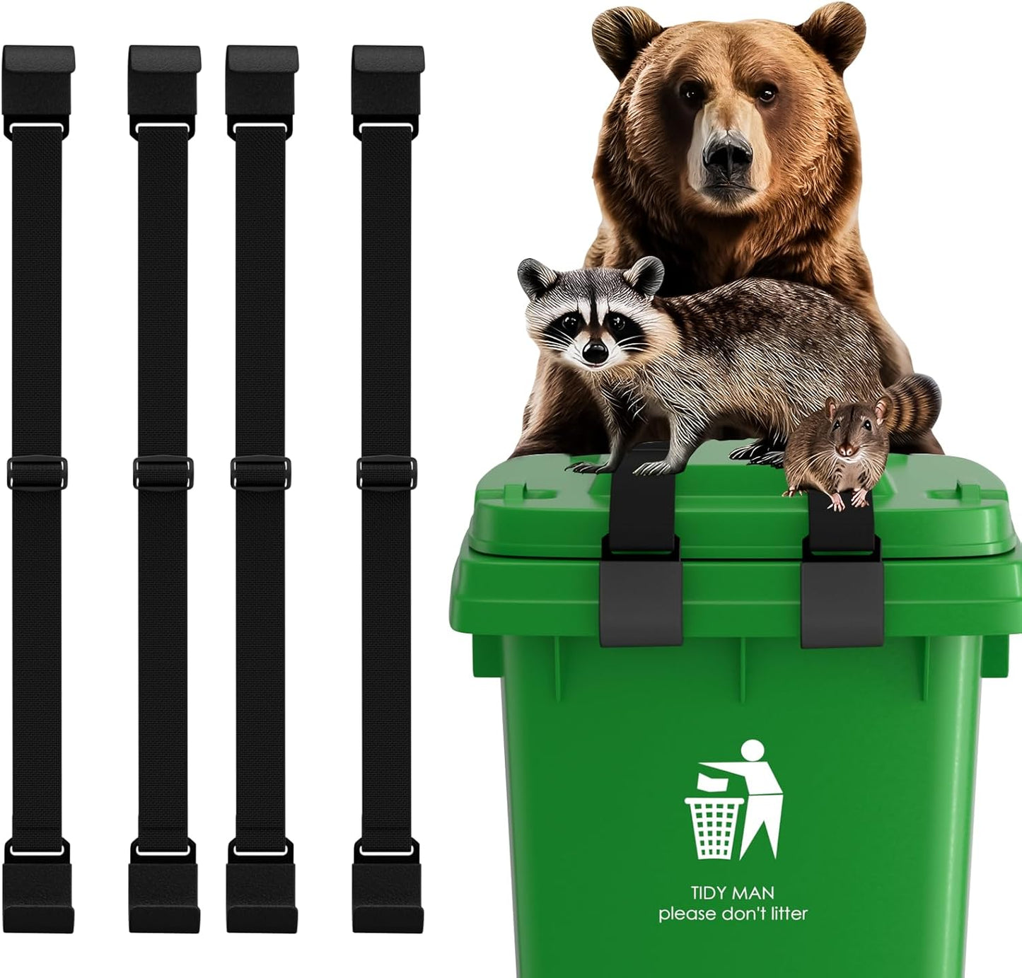 4Pcs Raccoon-Proof Trash Can Locks - Metal Double Claw Strap for 28-96 Gallons, Adjustable Anti-Rust Bungee Cord, Universal Outdoor Waste Bin Lid Lock (Black)