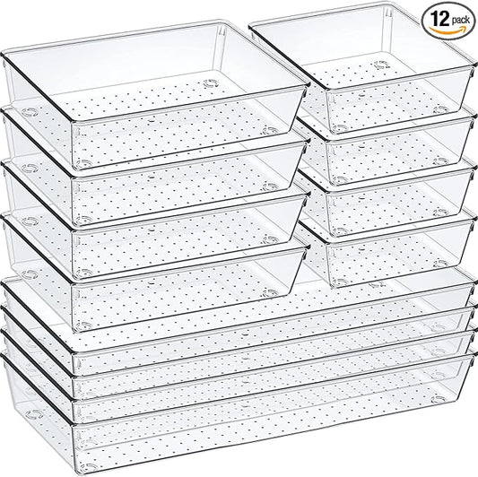 12 Pack Clear Plastic Drawer Organizer Set, Acrylic Non Slip Non Cracking by Criusia