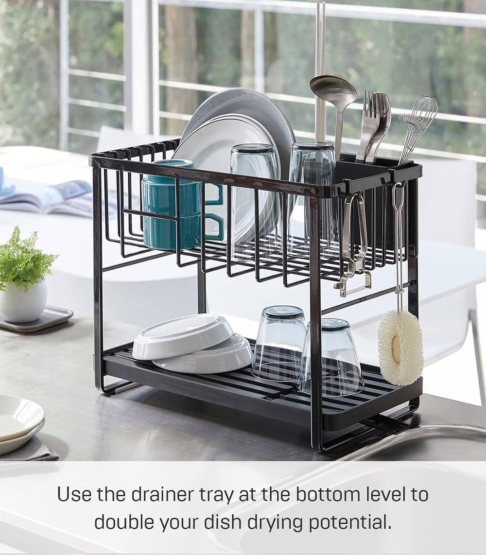 YAMAZAKI Home Tower Two-Tier Adjustable Dish Drainer Rack, Compact Drying Rac...