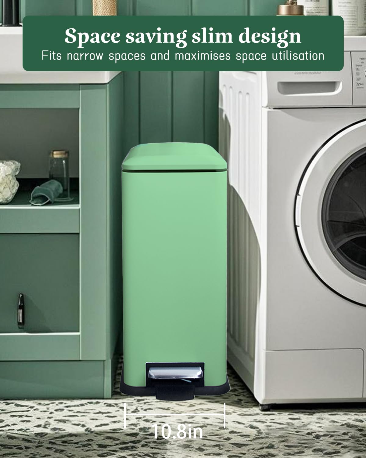 12 Gallon Slim Kitchen Trash Can, Large Slim Green Garbage Can | Stainless Steel Trash Can, Plastic Removal Inner Bucket, Soft-Close Lid, 45 Liter Pedal Garbage Can, for kitchen, bathroom