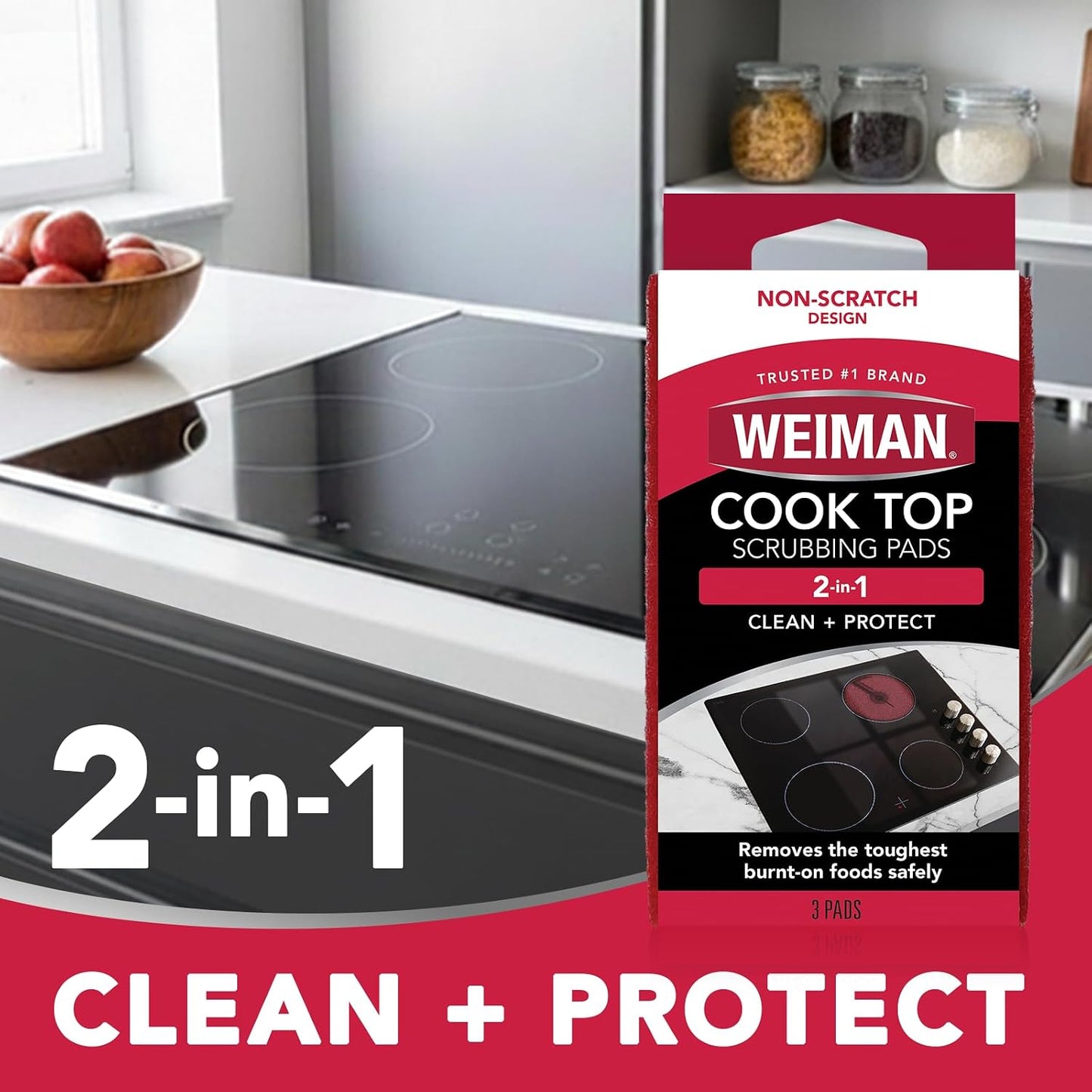 Weiman 3 Count Cooktop Scrubbing Pads, Removes Burnt-on Food, Scratch Free | Non-Abrasive for Burnt-On Food & Grease, Safe for Ceramic, Electirc, Gas & Induction Cooktop, Sink, Showers, Dishes & Tub