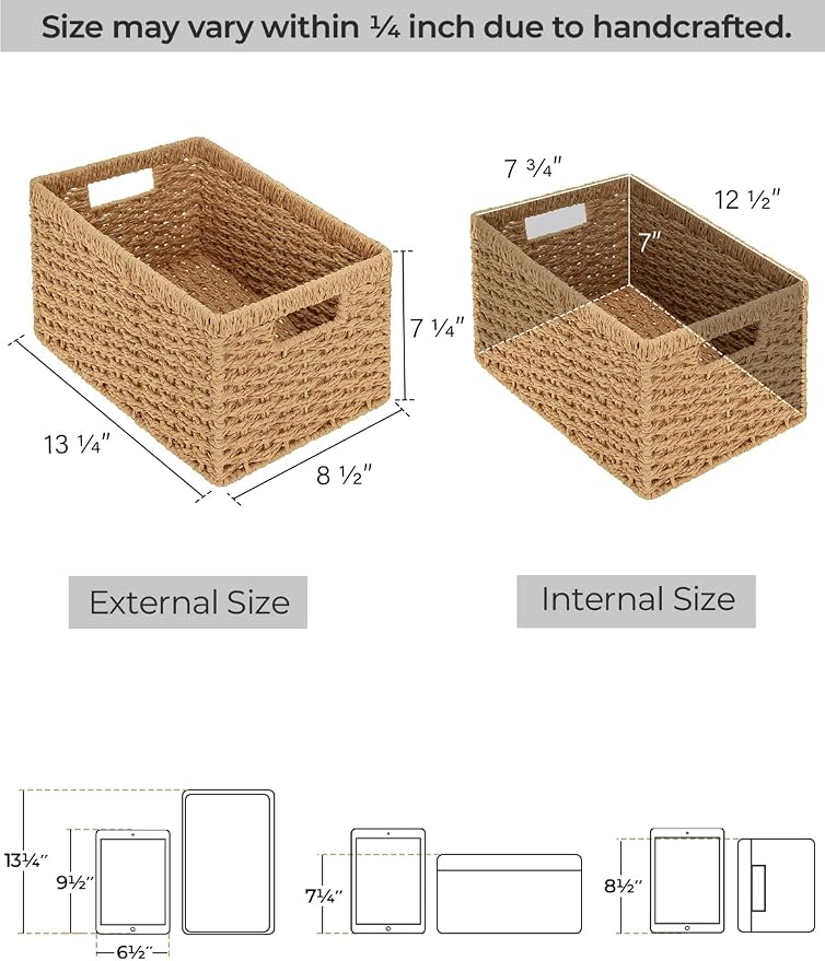StorageWorks Round Paper Rope Storage Baskets, Rectangular Wicker Baskets - Image 2