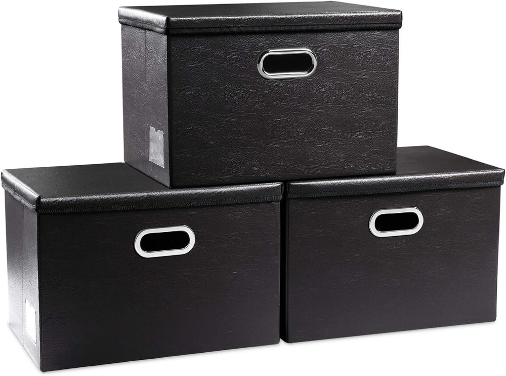 PRANDOM Large Foldable Storage Bins with Lids [3-Pack] Leather Fabric Collaps...