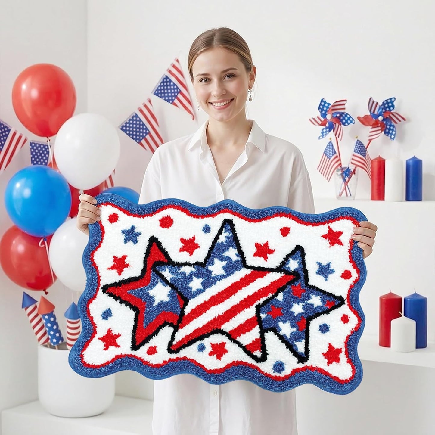 Lindameler 4th of July Bath Mat Soft Washable Patriotic Bath Rug 20 X 30 Inch American Flag Red Blue Stars Patriotic Rug Doormat for Independence Day Decorations
