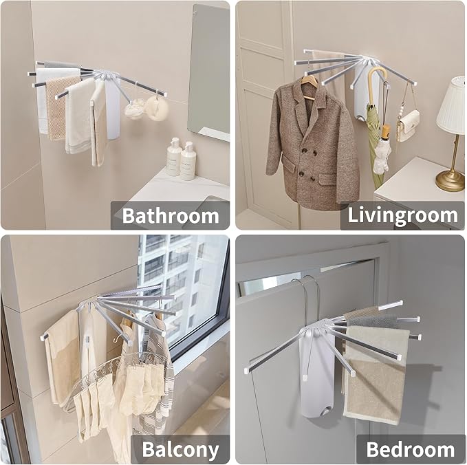 LEQ Wall Mounted Clothes Drying Rack, Garment Rack Foldable Space Saving - Image 4