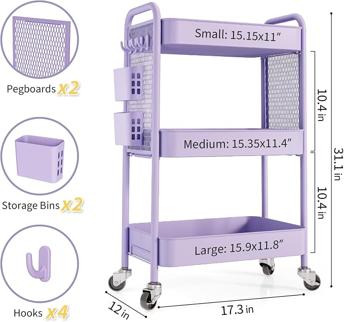 TOOLF 3 Tier Rolling Cart Storage Organizer, Metal Rolling Utility Cart - Image 7