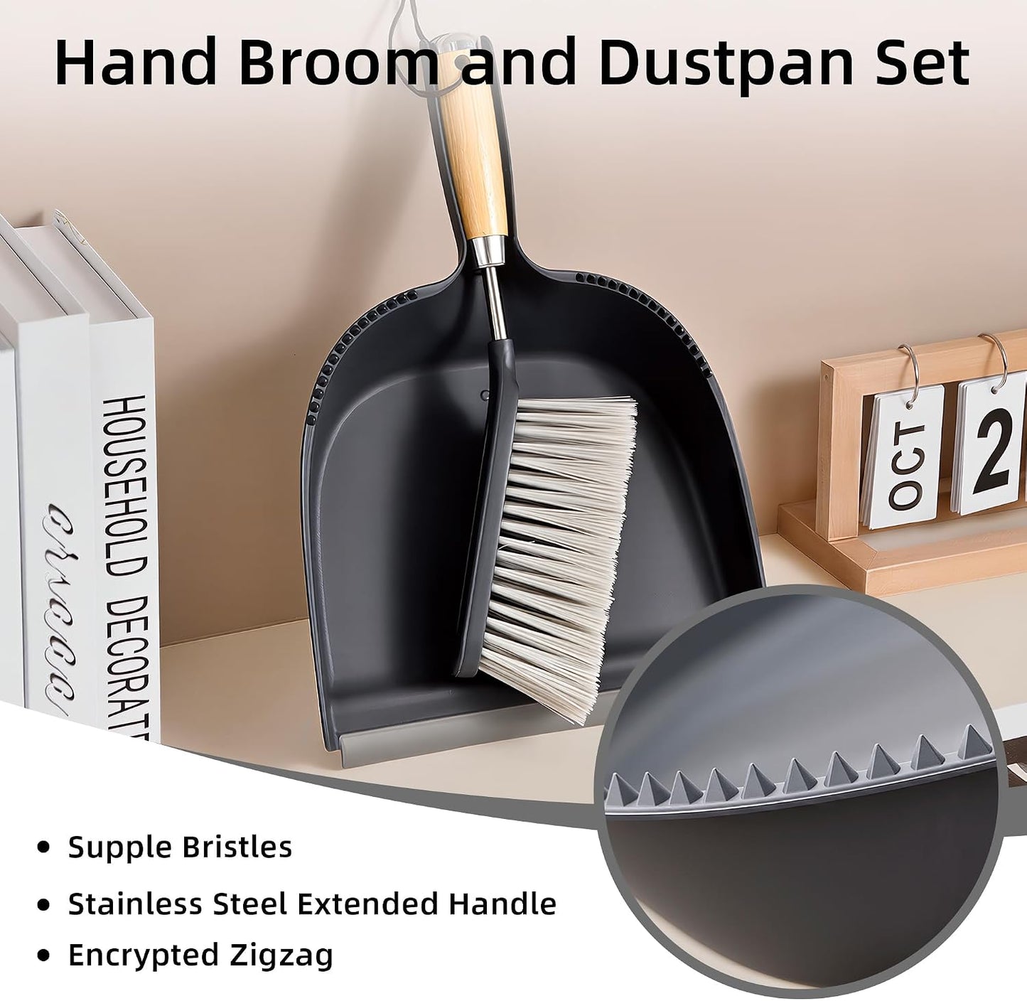 Hand Broom and Dustpan Set with Bamboo and Stainless Steel Handle, PET Bristles, Portable Cleaning Kitchen Countertops, Table Tops,Crumbs,beds,Sofas,Camping,Cars and Animal Cages