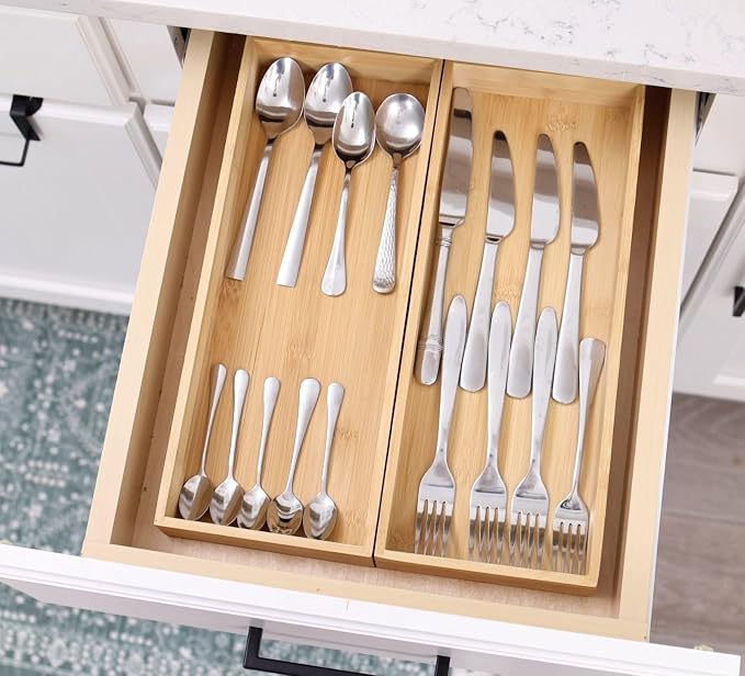 Fabsome Kitchen Utensil Drawer Organizer, Bamboo Silverware Cutlery Flatware - Image 5