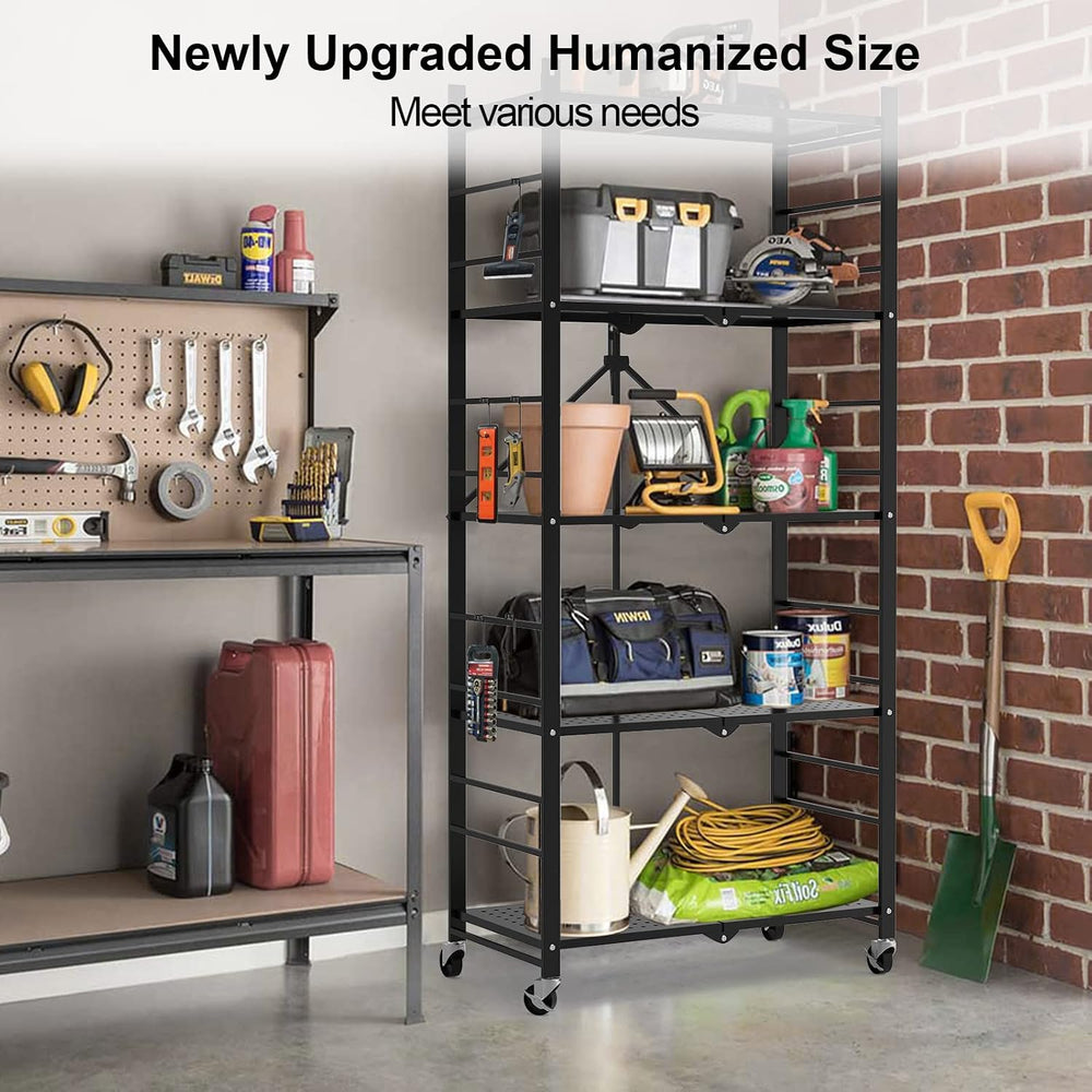 Himix 5-Tier Foldable Storage Shelves with 20 Hooks Wheels Kitchen Black