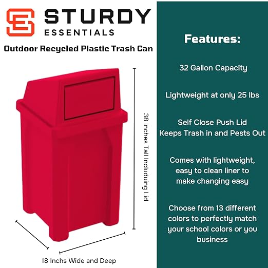 32 Gallon Square 100% Recycled Plastic Heavy Duty Outdoor Trash Can - Image 2