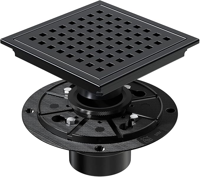 6 Inch Shower Drain Matte Black, Square Bathroom Floor Drain, Stainless Steel by Dilvii