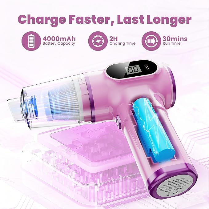 Women-Friendly Cordless Pink Car Vacuum Cleaner – 15000Pa Portable Mini - Image 3