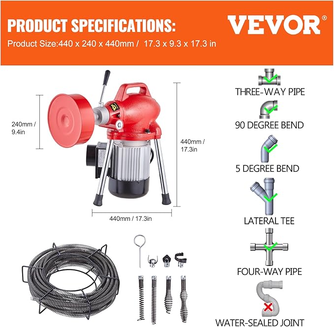VEVOR Drain Cleaner Machine 66FT x 5/8 Inch, 250W Electric Sewer Snake Auger - Image 7