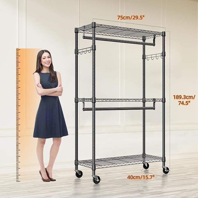 Heavy Duty Rolling Garment Rack 3 Tiers Adjustable Wire Shelving Clothes Rack - Image 8